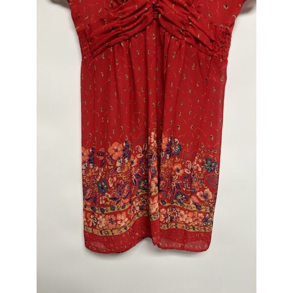 Y2K Kimchi & Blue Medium Babydoll Dress Womens Red Floral Sheer Boho Cottage - Picture 2 of 12